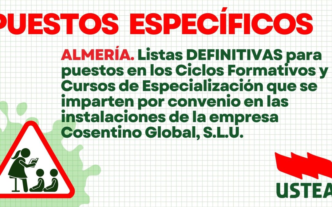 ALMERÍA. Listas definitivas para puestos en los Ciclos Formativos y Cursos de Especialización que se imparten por convenio en las…