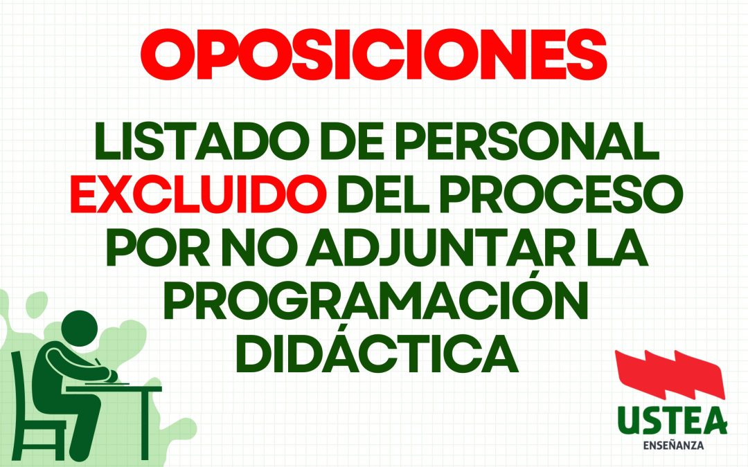 OPOSICIONES. LISTADO DE PERSONAL EXCLUIDO DEL PROCEDIMIENTO POR NO ADJUNTAR LA PROGRAMACIÓN DIDÁCTICA.