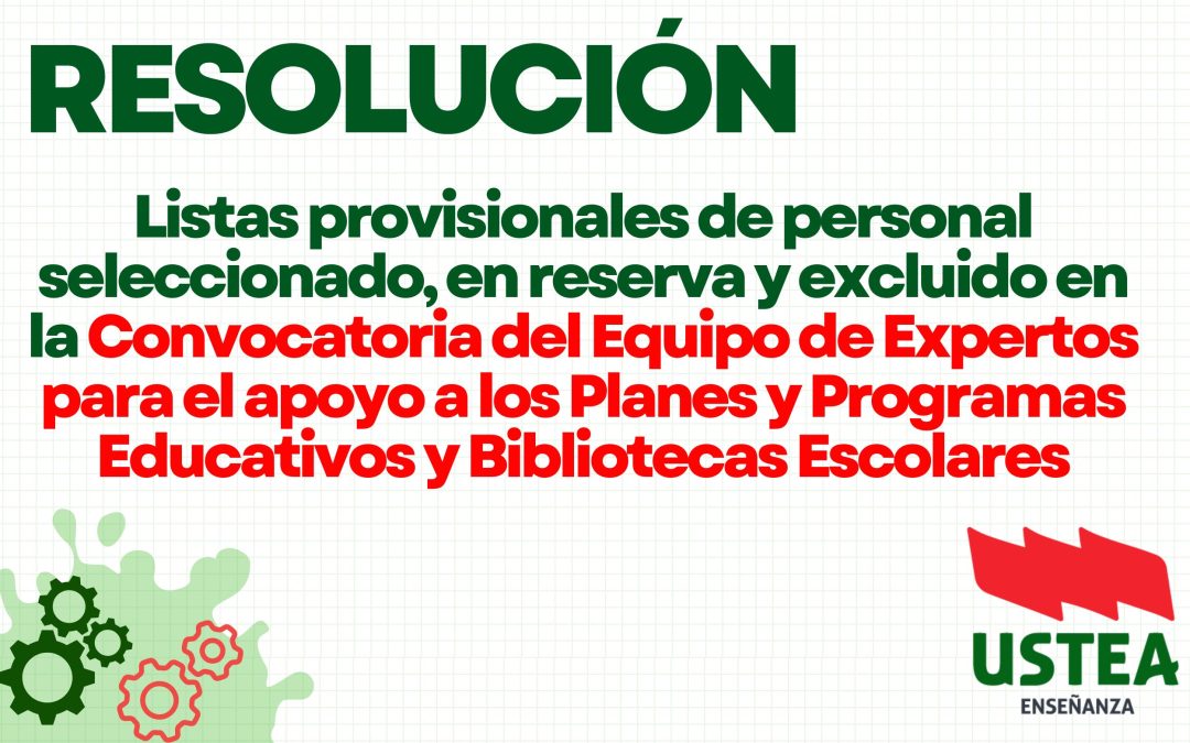 Resolución: Listas provisionales de personal seleccionado, en reserva y excluido en la Convocatoria del Equipo de Expertos para el apoyo…
