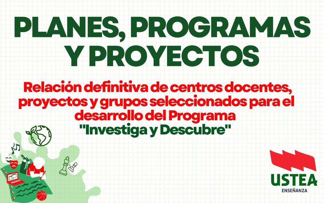 Relación definitiva de centros docentes, proyectos y grupos seleccionados para el desarrollo del Programa «Investiga y Descubre»