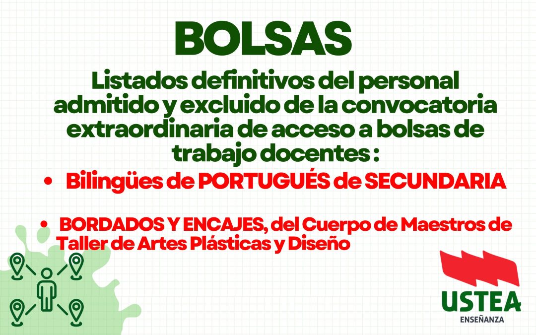 BOLSAS: Listados definitivos del personal admitido/excluido de las bolsas extraordinarias de Secundaria Bilingüe de Portugués y de Bordados y Encajes…