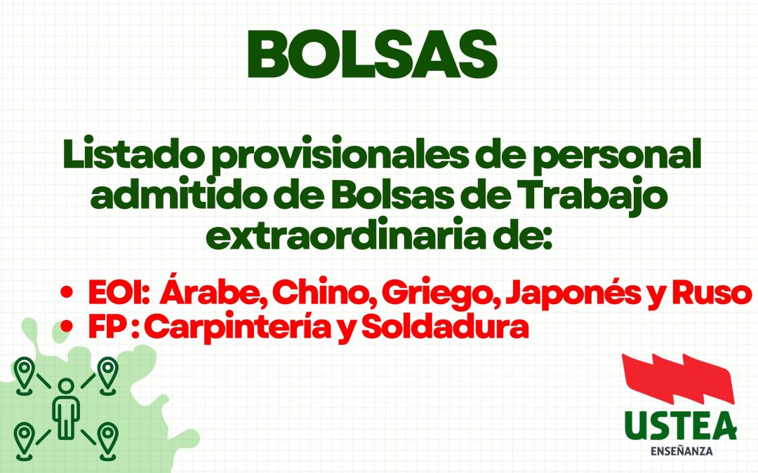 BOLSAS: LISTADO PROVISIONAL DEL PERSONAL ADMITIDO A LAS BOLSAS DOCENTES DE ESPECIALIDADES DE EOI y FP