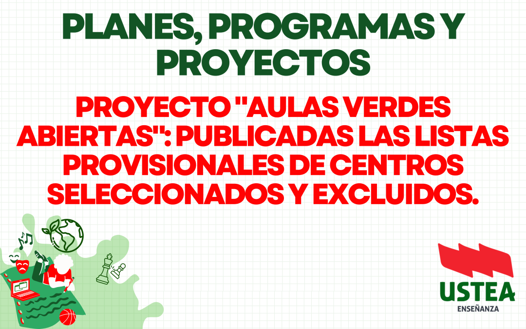 PROYECTO «AULAS VERDES ABIERTAS»: PUBLICADAS LAS LISTAS PROVISIONALES DE CENTROS SELECCIONADOS Y EXCLUIDOS.
