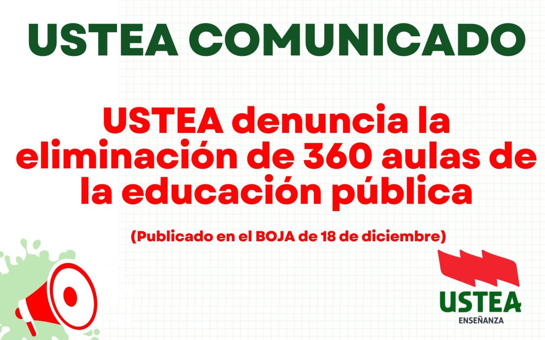 USTEA denuncia la eliminación de otras 360 aulas de la educación pública en Andalucía este curso escolar