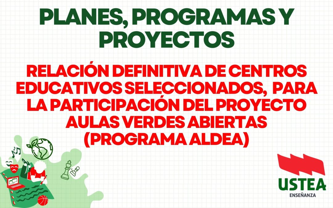 PROGRAMAS: Relación definitiva de centros educativos seleccionados, para la participación del Proyecto Aulas Verdes Abiertas. Programa Aldea