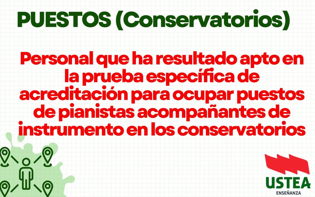 CONSERVATORIOS: Personal que ha resultado apto en la prueba específica de acreditación para ocupar puestos de pianistas acompañantes de instrumento.