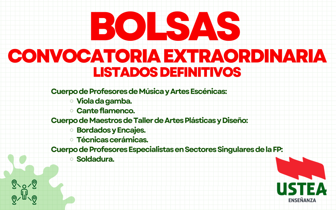 PUBLICADOS LOS LISTADOS DEFINITIVOS DE LAS BOLSAS EXTRAORDINARIAS: VARIAS ESPECIALIDADES