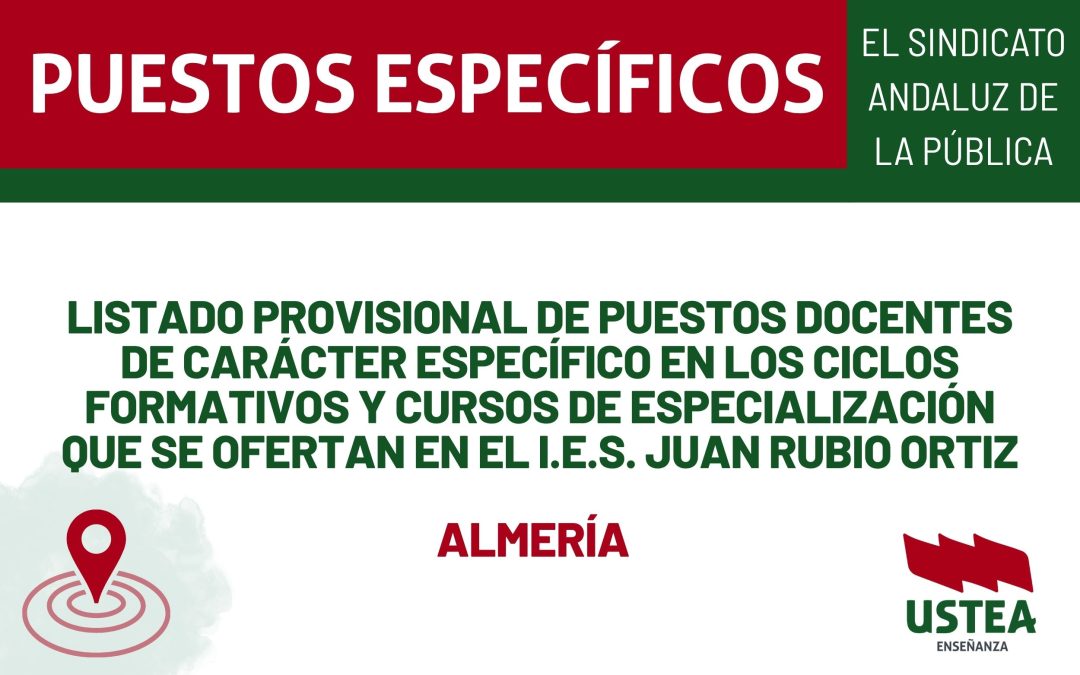 PUESTOS ESPECÍFICOS. Listado provisional de puestos docentes de carácter específico en los ciclos formativos y cursos de especialización que se&hellip;