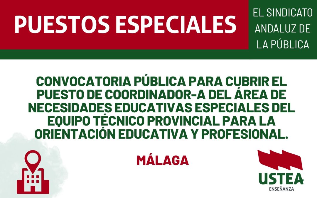 PUESTOS ESPECIALES. Convocatoria pública para cubrir el puesto de coordinador-a del área de necesidades educativas especiales del Equipo Técnico Provincial&hellip;