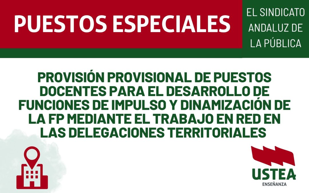 PUESTOS ESPECIALES. Provisión provisional de puestos docentes para el desarrollo de funciones de impulso y dinamización de la FP mediante&hellip;