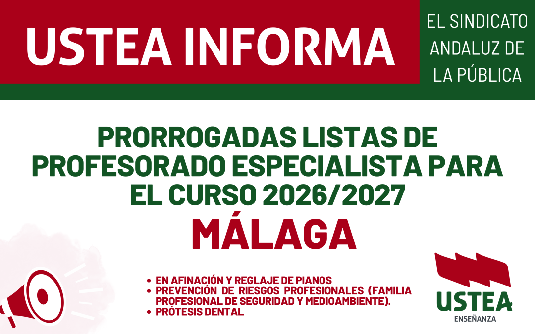 MÁLAGA: Prorrogada listas de profesorado especialista para el curso 2026/2027